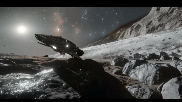 A spaceship landing on a distant, barren moon, with the ship's lights illuminating the rocky terrain and a galaxy filled sky above (2).