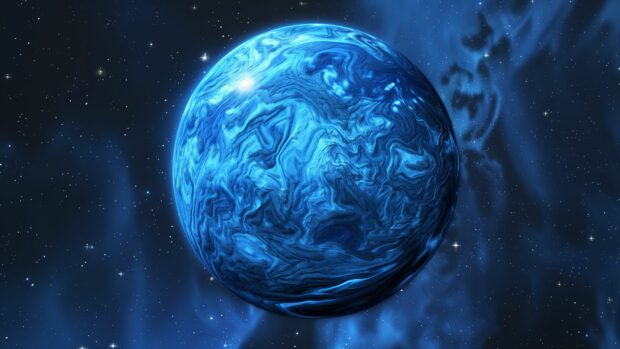 A stunning image of a blue dwarf planet with icy surface features, set against the dark blue expanse of space 1920x1080 wallpaper.