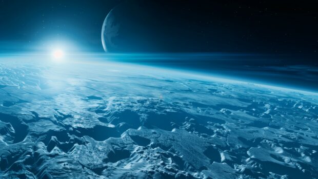 A stunning image of a blue dwarf planet with icy surface features, set against the dark blue expanse of space, Blue Space background.