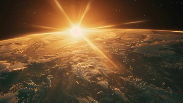 A stunning scene of Earth from space with the sunrise casting a golden glow on the horizon, highlighting the curvature of the planet.