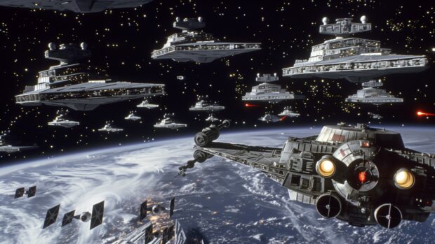 A stunning view of the Star Wars galaxy from space, showing multiple planets, stars, and distant nebulae with intricate details, Star Wars space background for PC.