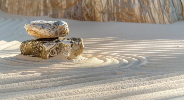 A tranquil Zen garden Calm Desktop Wallpaper HD with meticulously raked sand and carefully placed rocks.