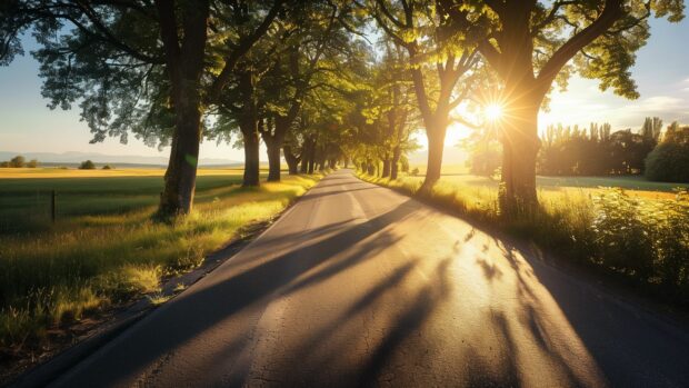 A tranquil country road at sunset, with the golden light casting long shadows from the trees lining the roadside .