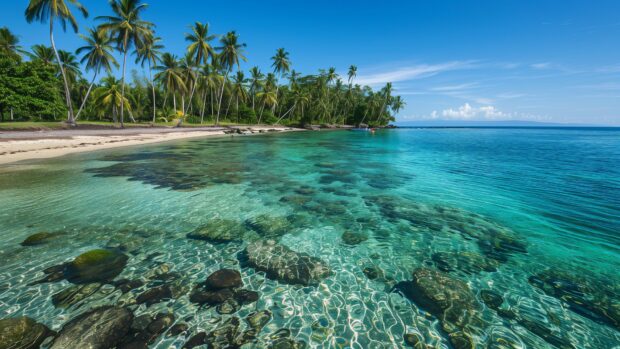 A tropical beach with palm trees swaying over a clear, calm ocean.