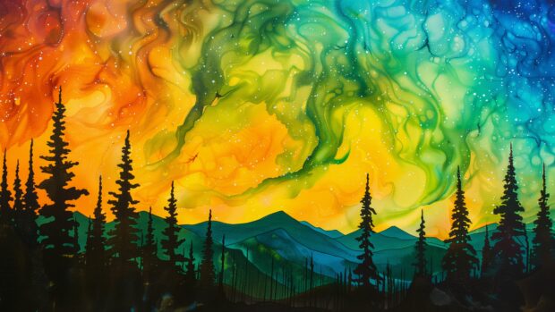 A vibrant space 4k wallpaper featuring a colorful aurora borealis stretching across the sky, with a silhouette of a forest below.