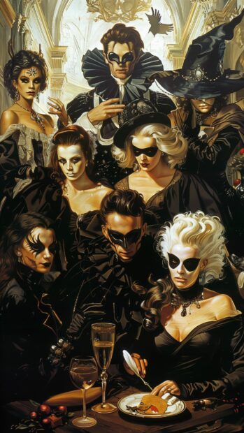 A vintage Halloween masquerade ball with elegantly dressed guests in spooky masks.
