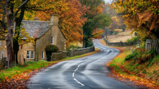 A winding country road lined with vibrant autumn trees leading to a charming village.