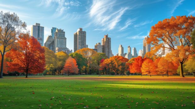 A city park with trees in vibrant fall colors background.