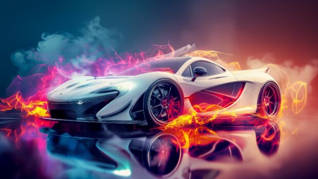A white and black car drawing with smoke cool image.