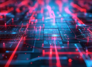 Abstract  HD background technological grid, glowing lines and circuits.