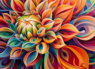 Abstract art blooming flowers, intricate details, vibrant hues wallpaper HD.