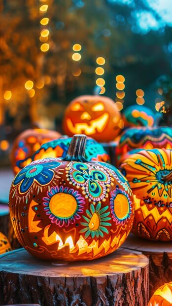 Aesthetic Halloween pumpkins with cute faces and colorful patterns.