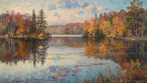 Aesthetic Nature 4K Wallpaper with peaceful lake surrounded by autumn foliage, mirror like water reflecting the vibrant colors, soft morning light.