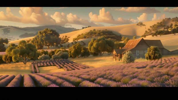 Aesthetic Nature Desktop HD Wallpaper with Idyllic countryside with rolling hills, fields of lavender, quaint farmhouse, golden hour.
