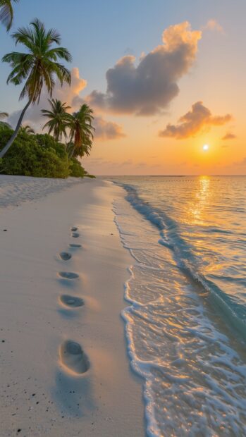 Aesthetic Nature wallpaper for iPhone with Tropical beach with white sand, turquoise waters, swaying palm trees, and vibrant sunset.