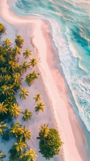 Aesthetic Nature background for iPhone with Tropical beach with white sand, turquoise waters, swaying palm trees, and vibrant sunset.
