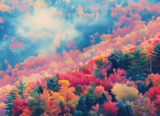 Aesthetic Nature iPhone Wallpaper with Serene lake surrounded by vibrant autumn foliage, mirror like reflections, and soft morning light.