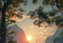 Aesthetic Sunset over a tranquil lake with mountains in the background.