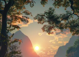 Aesthetic Sunset over a tranquil lake with mountains in the background.