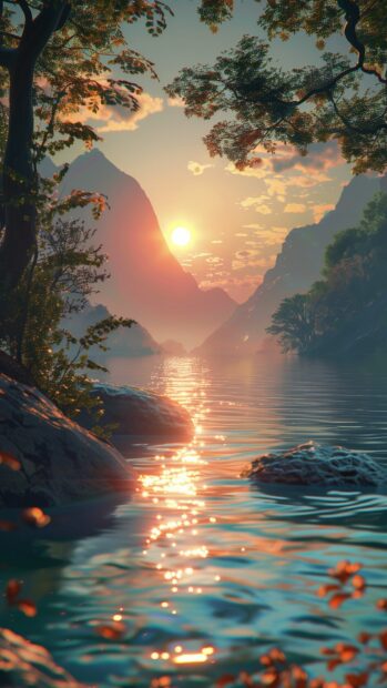 Aesthetic Sunset over a tranquil lake with mountains in the background.