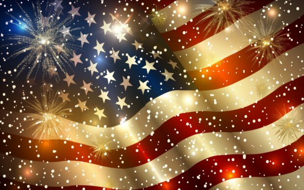 American flag background with fireworks in the night sky.