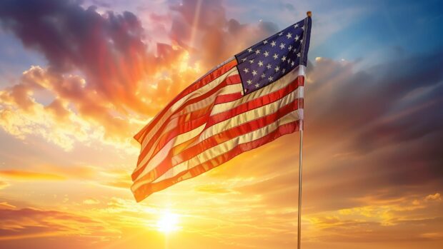 American flag with a sunrise backdrop.