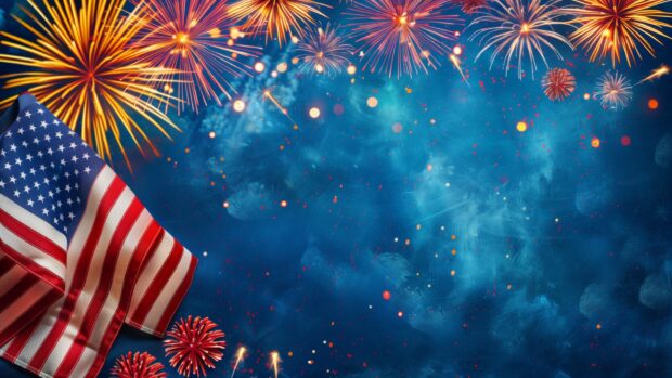 American flag with fireworks in the night sky.