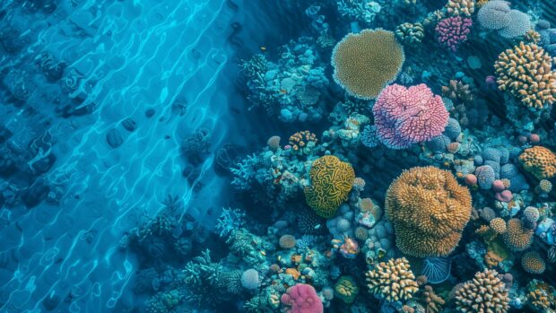 An aerial view of a vibrant coral reef under the clear blue ocean.