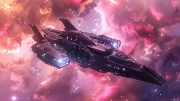An alien spaceship exploring a colorful nebula, with intricate details and cosmic dust creating a sense of wonder.