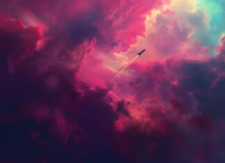 An alien spaceship exploring a colorful nebula, with intricate details and cosmic dust creating a sense of wonder and mystery (2).