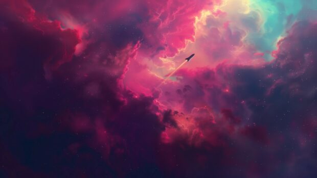 An alien spaceship exploring a colorful nebula, with intricate details and cosmic dust creating a sense of wonder and mystery (2).