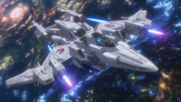 An anime spaceship entering a wormhole, with swirling colors and a sense of motion and excitement.