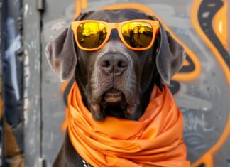 An artistic cool dog wearing sunglasses and a scarf.