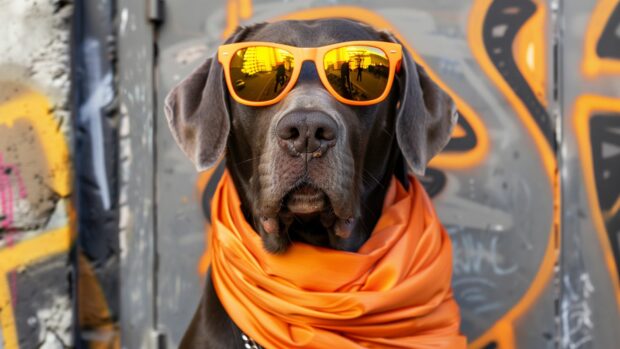 An artistic cool dog wearing sunglasses and a scarf.