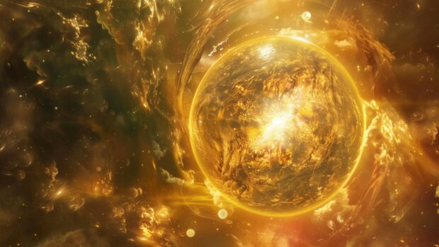 An artistic depiction of a Dyson sphere surrounding a star, harnessing its energy in the vastness of cool space background.