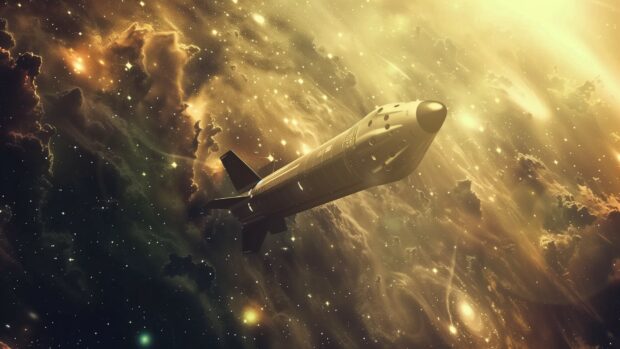 An artistic rendering of a SpaceX Starship traveling through deep space, with distant stars and galaxies visible in the background HD wallpaper.