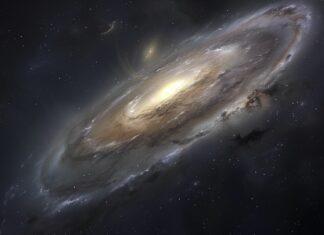 An artistic rendering of a dark galaxy with swirling patterns and faintly glowing stars, creating a sense of mystery and wonder.