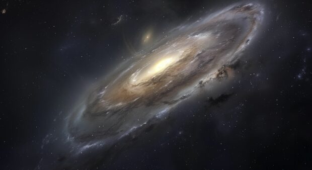 An artistic rendering of a dark galaxy with swirling patterns and faintly glowing stars, creating a sense of mystery and wonder.