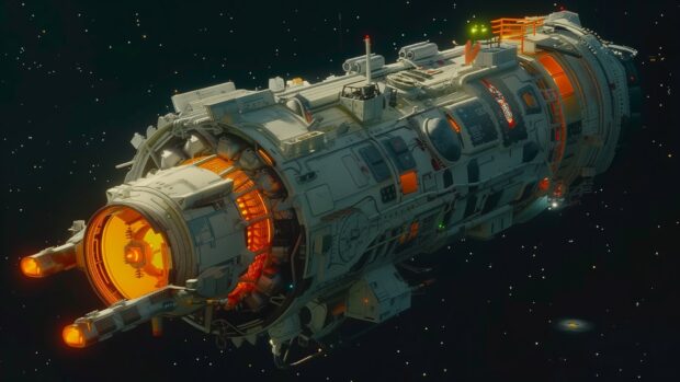 An artistic rendering of an interstellar colony ship traveling through the void, with glowing engines and a detailed hull against the starry expanse (2).