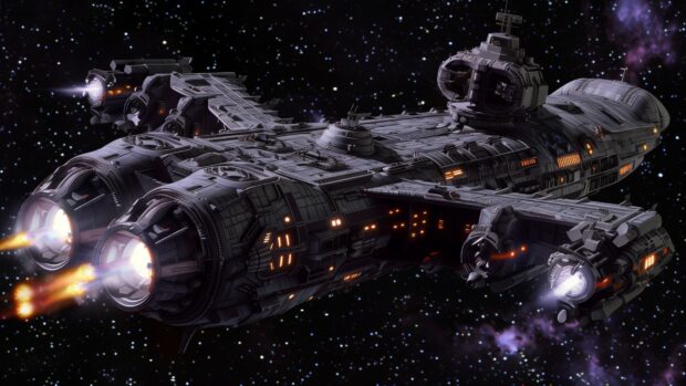 An artistic rendering of an interstellar colony spaceship traveling through the void, with glowing engines and a detailed hull against the starry expanse.