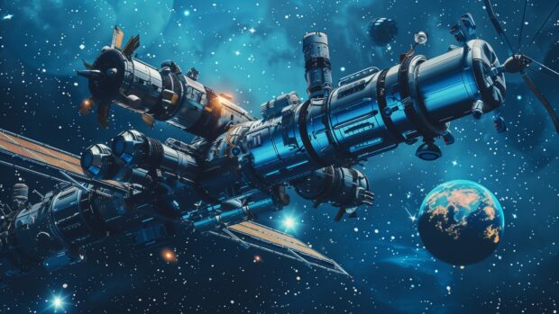 An artistic rendering of the International Space Station, highlighting its futuristic design and advanced technology HD wallpaper 1920x1080.