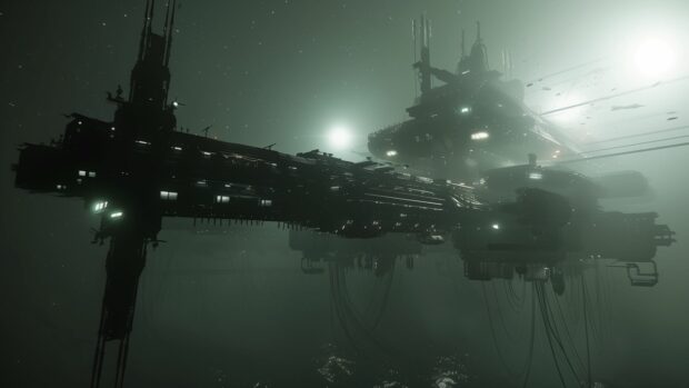 An epic view of a space station orbiting a dark space 4K wallpaper, shadowy planet, with only the lights of the station illuminating the scene.
