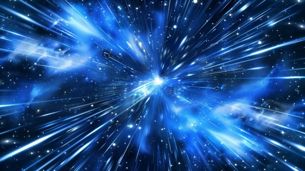 An epic view of a starship flying through a blue nebula, with light trails and distant stars creating a sense of motion and wonder.
