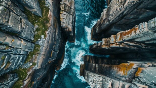 An ocean wallpaper with towering cliffs and crashing waves below.