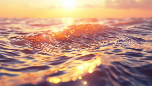 An ocean with a beautiful sunset, casting golden light on the waves.