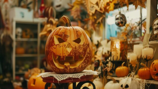 An old carnival with spooky attractions and vintage Halloween decorations.