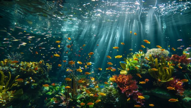 An underwater ocean garden with exotic plants and fish.