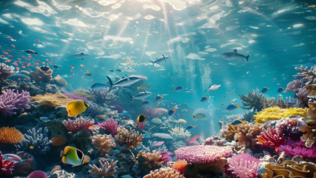 An underwater view of a coral reef teeming with colorful marine life.