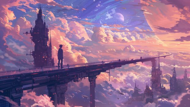 Anime Space 4K desktop background with an anime hero standing on a futuristic spaceship bridge, looking out at a breathtaking view of the galaxy.