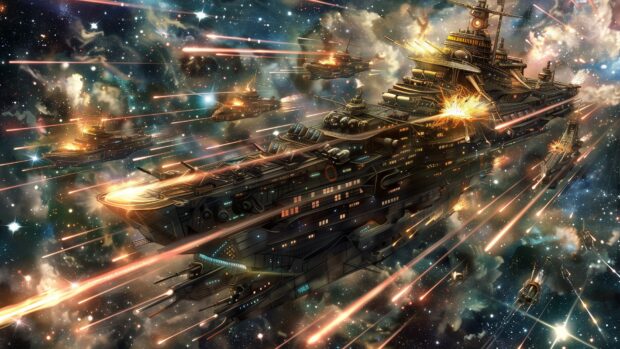 Anime Space background with a fleet of anime spaceships engaging in a space battle, with laser beams and explosions lighting up the cosmos.